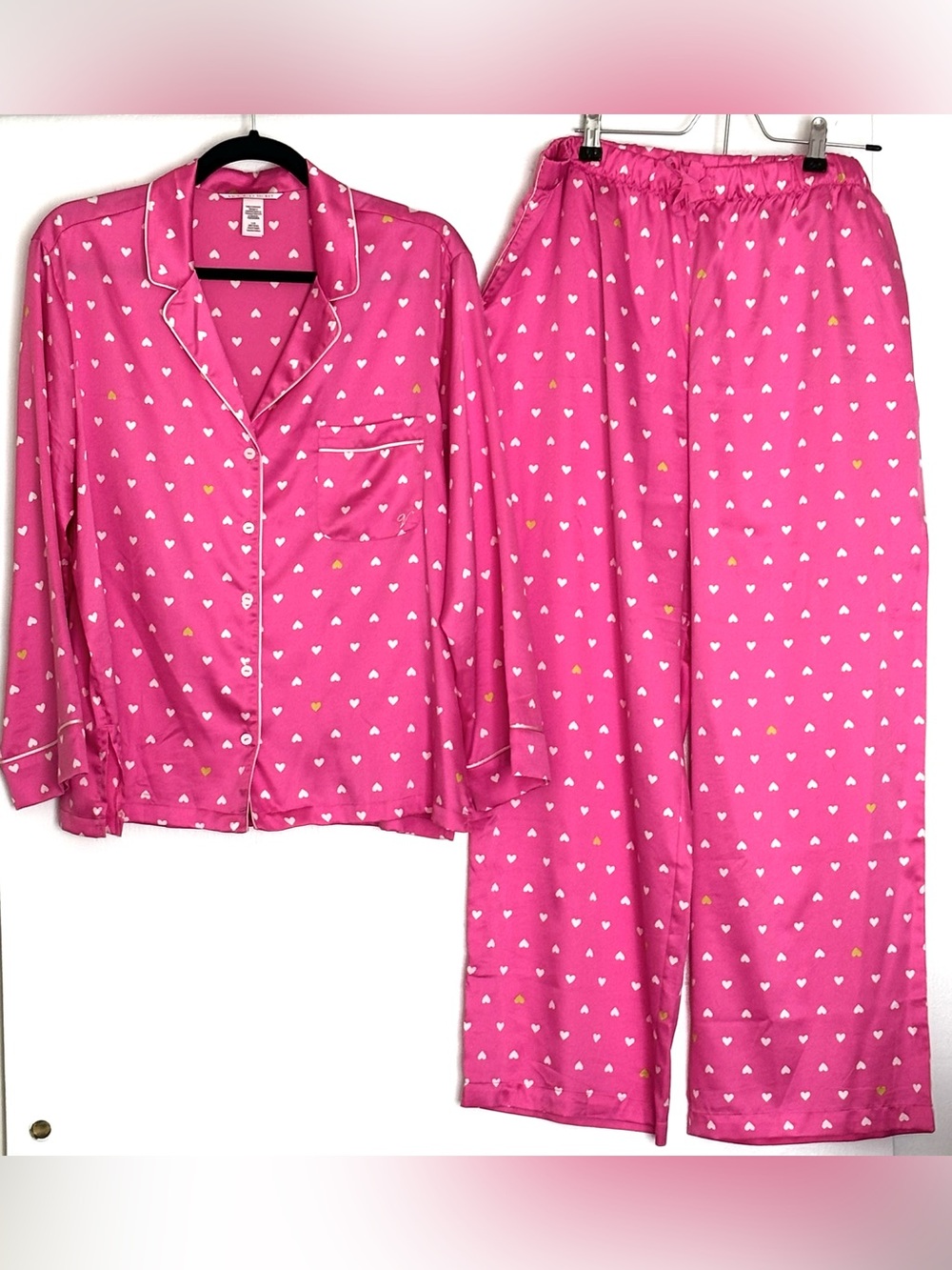 Victoria’s Secret Satin Long Pajama Set Pink Hearts Size L